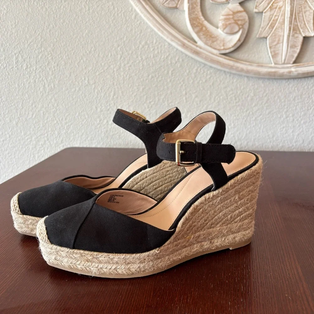 Time And Tru Women's Square Toe Black Espadrille Wedge Heels Size 8